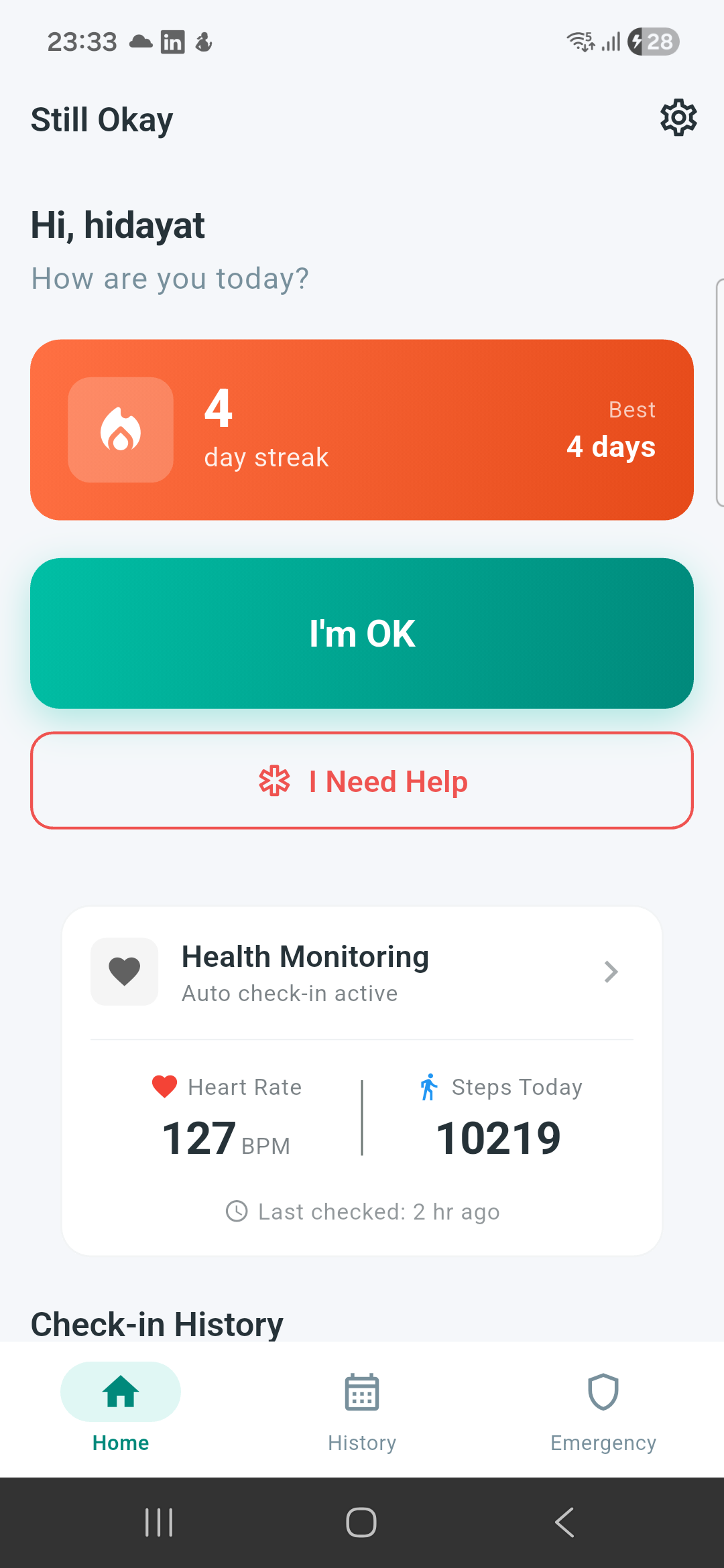 Home screen with the I'm OK button